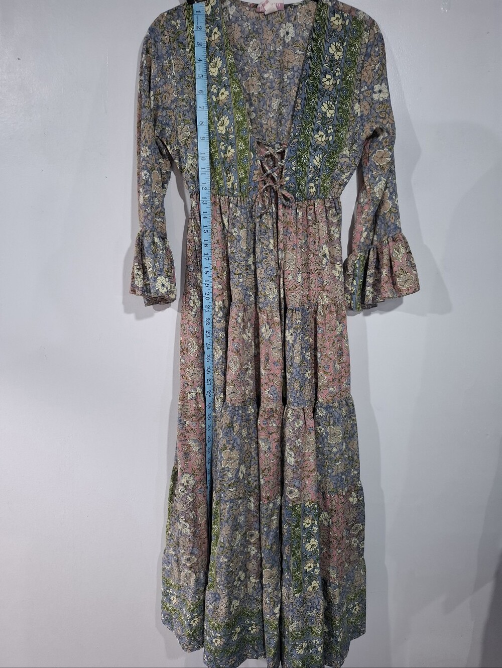 Boemo Lace-Up Tassel Maxi Dress Floral Multi Print S Cottagecore Paisant Layered - Picture 5 of 13